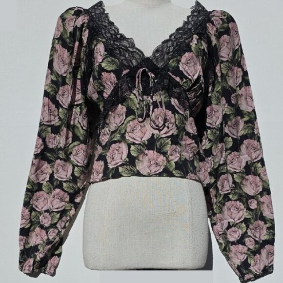 NWT FOR LOVE AND LEMONS CLARISSE LONG SLEEVE V-NECK ROSE PRINT BLOUSE SIZE M - Picture 3 of 8
